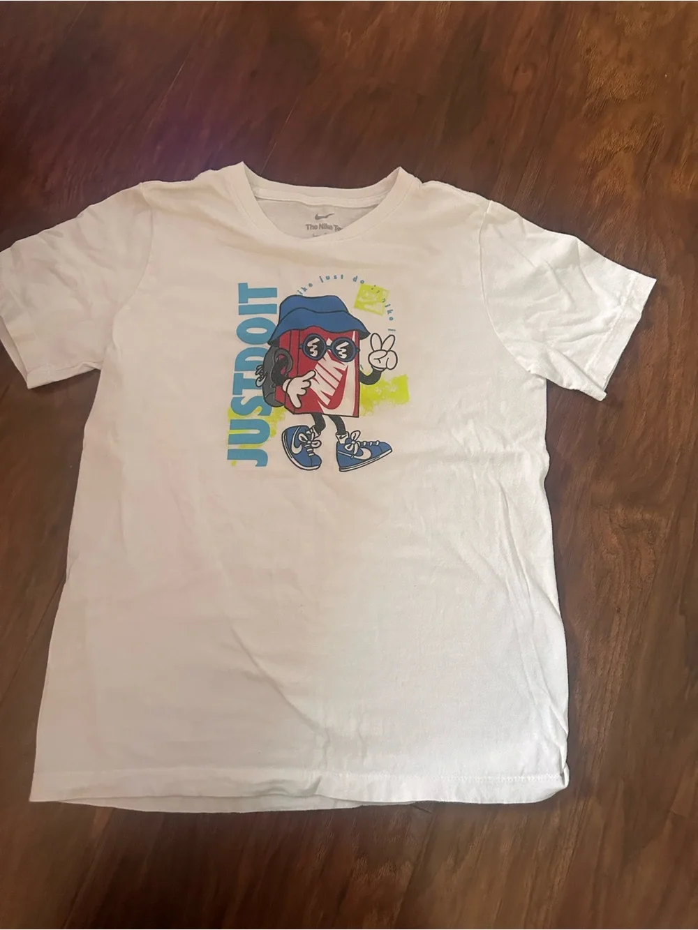 Nike White Kids Graphic 'Just Do It' Tee with Blue & Neon Yellow Accents